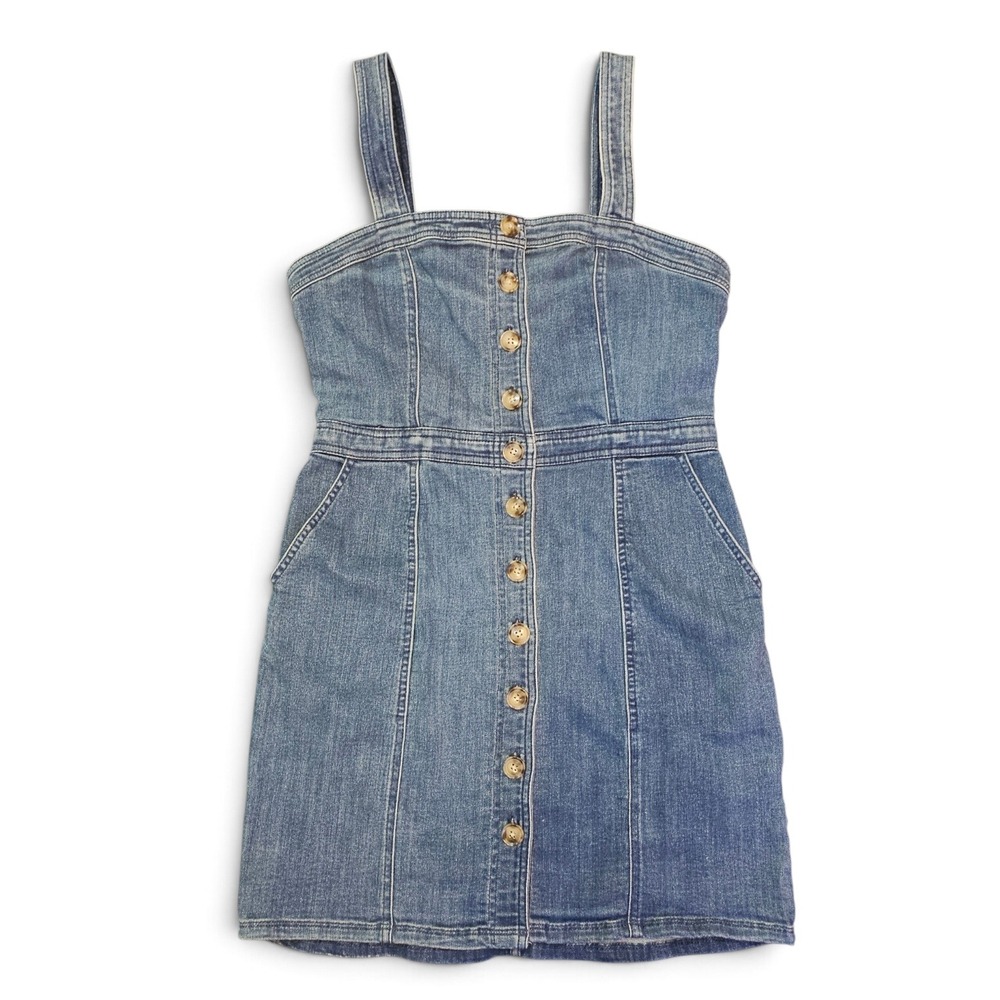 Express Denim Pinafore Dress Women Medium Blue Excellent Button Front Mini